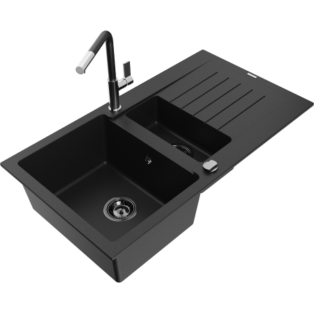 Mexen Matias 1.5-compartment granite sink with a drip tray and kitchen mixer tap Flora, Black - 6502-77-670401-07-B