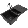 Mexen Matias 1.5-compartment granite sink with a drip tray and kitchen mixer tap Flora, Black - 6502-77-670401-07-B