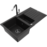 Mexen Matias granite kitchen sink 1.5-bowl with drainer and Flora kitchen faucet, black - 6502-77-670401-07-B