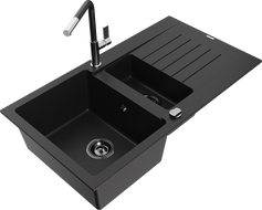 Mexen Matias granite kitchen sink 1.5-bowl with drainer and Flora kitchen faucet, black - 6502-77-670401-07-B