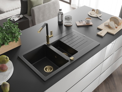 Mexen Matias 1.5-compartment granite sink with a drip tray and kitchen mixer tap Flora, Black - 6502-77-670401-57-G