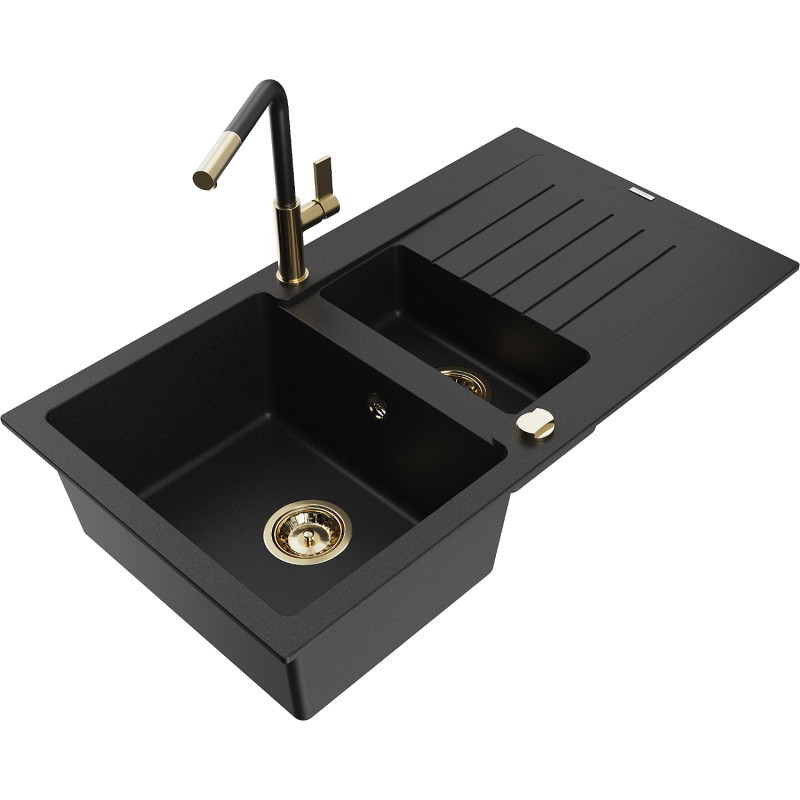 Mexen Matias 1.5-bowl granite sink with drainer and Flora kitchen faucet, black - 6502-77-670401-57-G