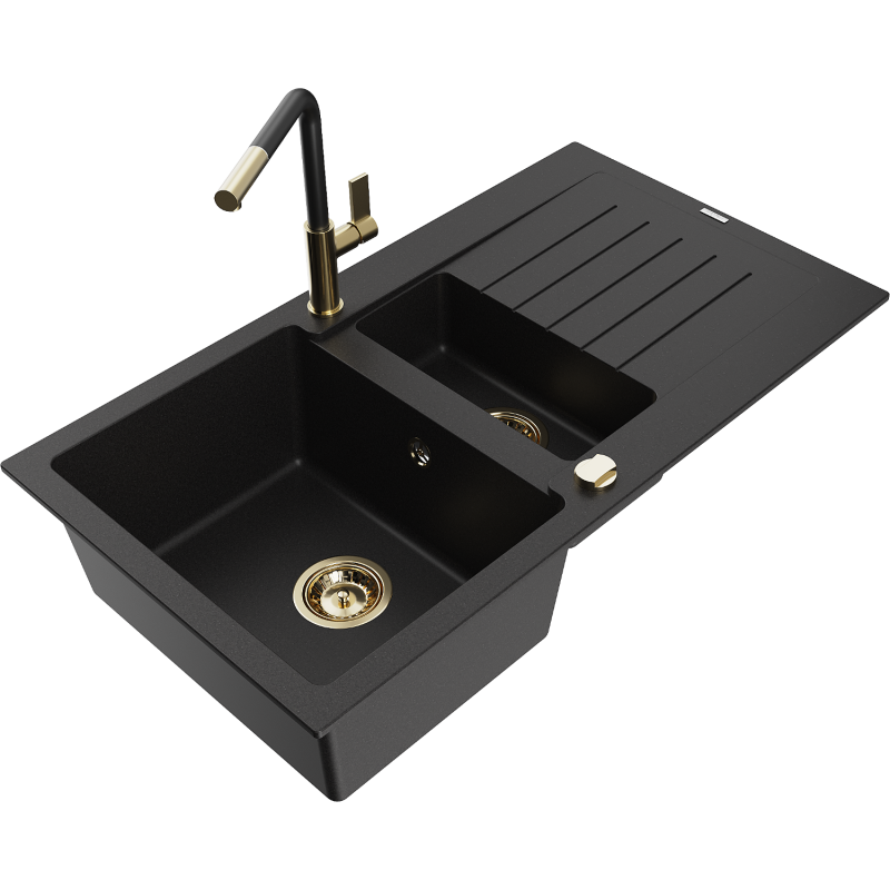 Mexen Matias 1.5-compartment granite sink with a drip tray and kitchen mixer tap Flora, Black - 6502-77-670401-57-G