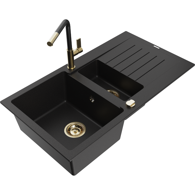 Mexen Matias granite sink 1.5-bowl with drainer and Flora kitchen tap, black - 6502-77-670401-57-G
