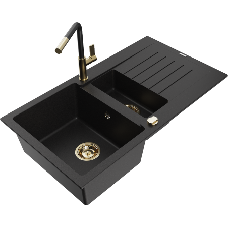 Mexen Matias granite sink 1.5-bowl with drainer and Flora kitchen tap, black - 6502-77-670401-57-G