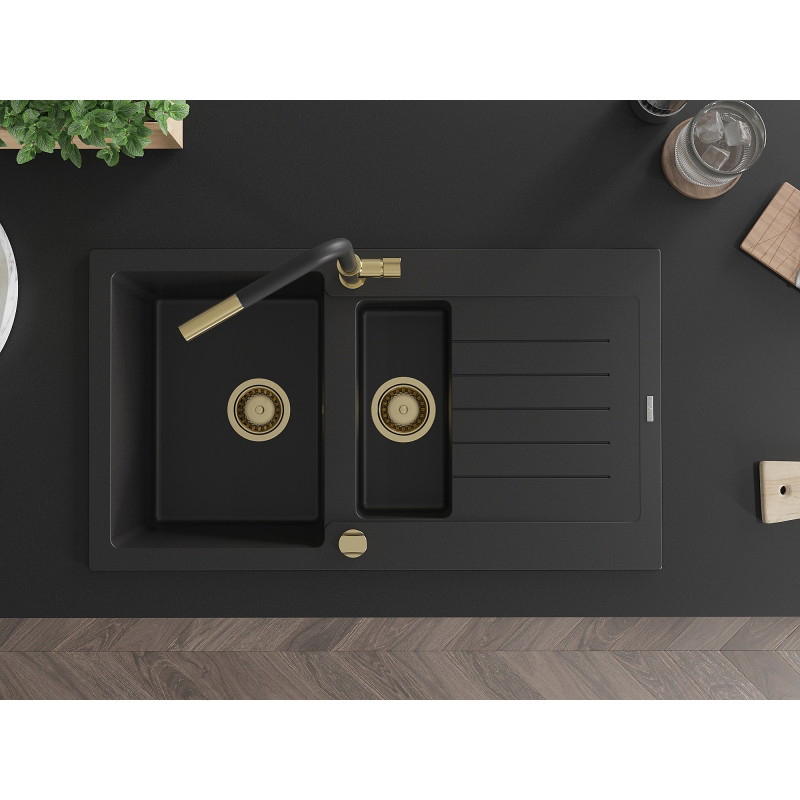 Mexen Matias 1.5-bowl granite sink with drainer and Flora kitchen faucet, black - 6502-77-670401-57-G