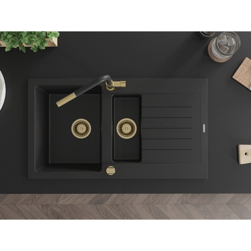 Mexen Matias granite sink 1.5-bowl with drainer and Flora kitchen tap, black - 6502-77-670401-57-G