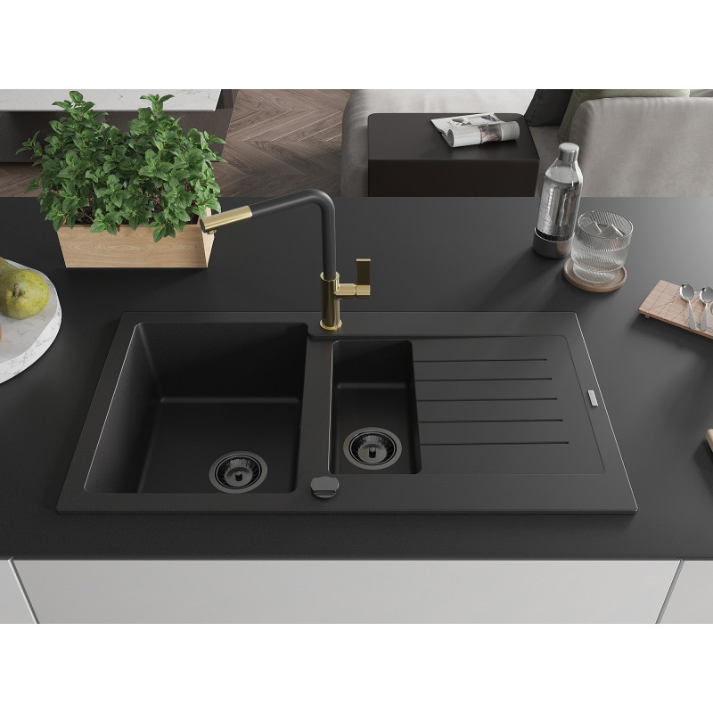 Mexen Matias granite sink 1.5-bowl with drainer and Flora kitchen faucet, black - 6502-77-670401-57-B