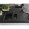 Mexen Matias granite sink 1.5-bowl with drainer and Flora kitchen tap, black - 6502-77-670401-57-B