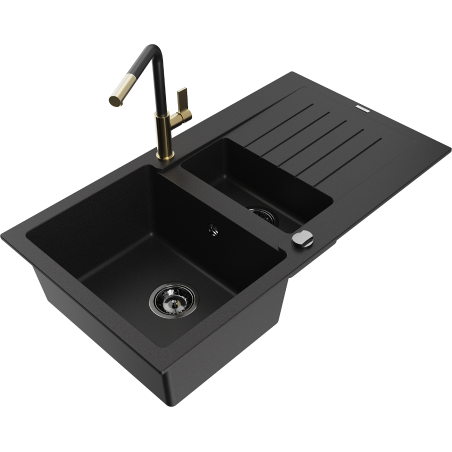 Mexen Matias granite sink 1.5-bowl with drainer and Flora kitchen faucet, black - 6502-77-670401-57-B