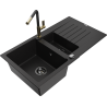 Mexen Matias 1.5-bowl granite sink with drainer and Flora kitchen faucet, black - 6502-77-670401-57-B