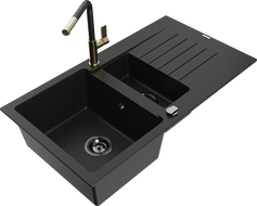 Mexen Matias granite sink 1.5-bowl with drainer and Flora kitchen faucet, black - 6502-77-670401-57-B