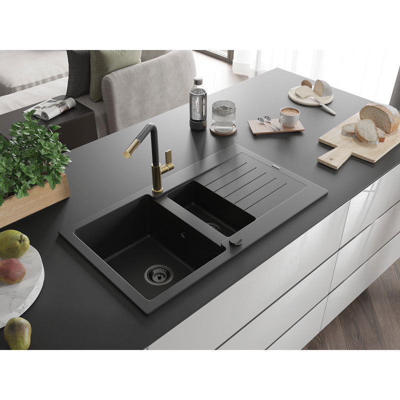Mexen Matias granite sink 1.5-bowl with drainer and Flora kitchen tap, black - 6502-77-670401-57-B