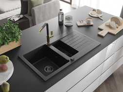 Mexen Matias 1.5-compartment granite sink with a drip tray and kitchen mixer tap Flora, Black - 6502-77-670401-57-B