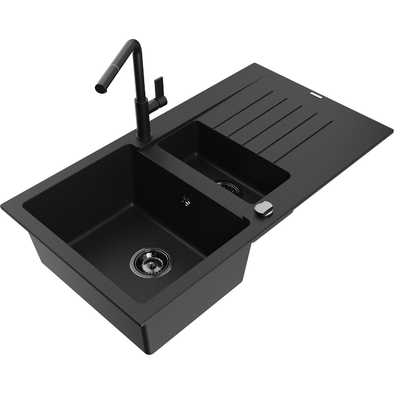 Mexen Matias 1.5-bowl granite kitchen sink with drainer and Flora kitchen tap, black - 6502-77-670401-70-B