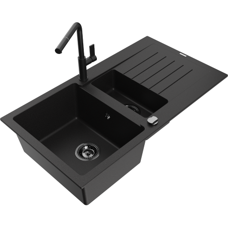 Mexen Matias 1.5-bowl granite kitchen sink with drainer and Flora kitchen tap, black - 6502-77-670401-70-B