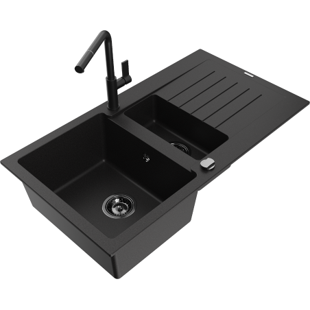 Mexen Matias granite sink 1.5-bowl with drainer and Flora kitchen faucet, black - 6502-77-670401-70-B