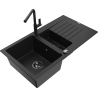 Mexen Matias 1.5-compartment granite sink with a drip tray and kitchen mixer tap Flora, Black - 6502-77-670401-70-B