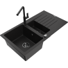 Mexen Matias granite sink 1.5-bowl with drainer and Flora kitchen faucet, black - 6502-77-670401-70-B
