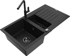 Mexen Matias granite sink 1.5-bowl with drainer and Flora kitchen faucet, black - 6502-77-670401-70-B