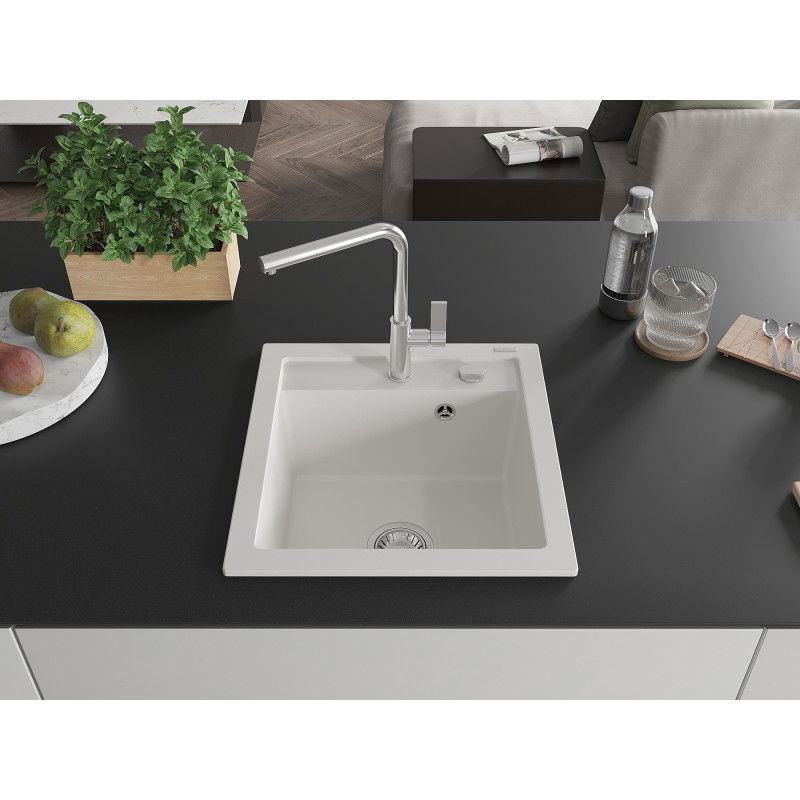 Mexen Vito 1-bowl granite sink with Flora kitchen tap, white - 6503-20-670401-00
