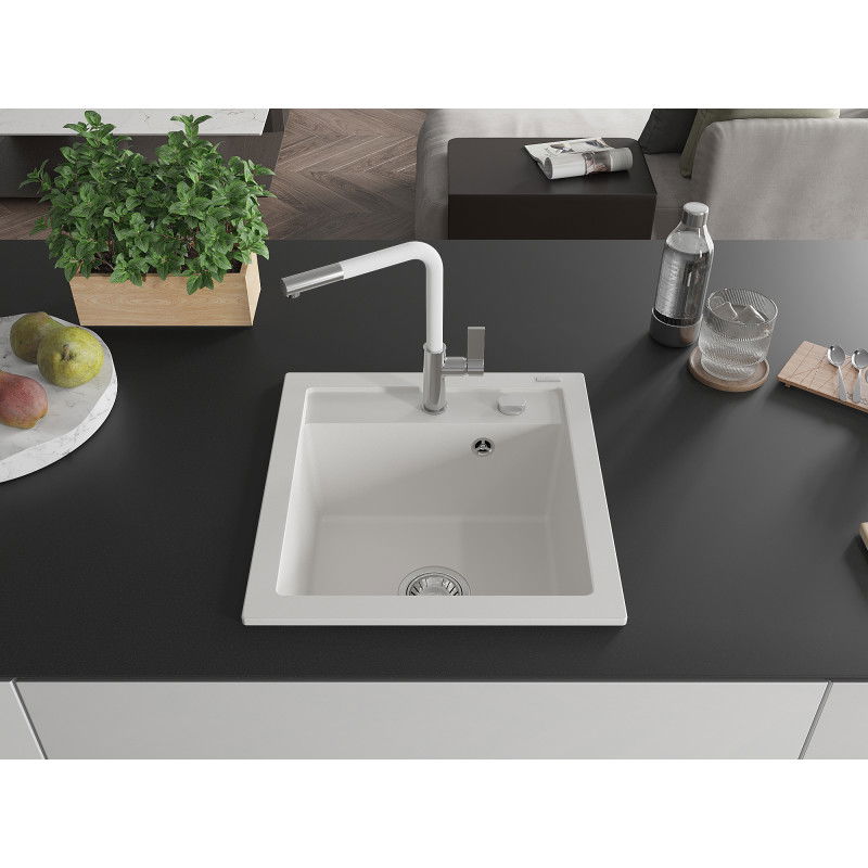 Mexen Vito single-bowl granite sink with kitchen tap Flora, white - 6503-20-670401-02