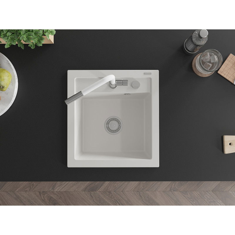 Mexen Vito single-bowl granite sink with kitchen tap Flora, white - 6503-20-670401-02