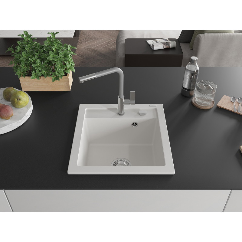 Mexen Vito Granite Sink 1-Bowl with Flora Kitchen Faucet, White - 6503-20-670401-06