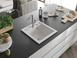 Mexen Vito 1-compartment granite sink with a kitchen mixer tap Flora, White - 6503-20-670401-06