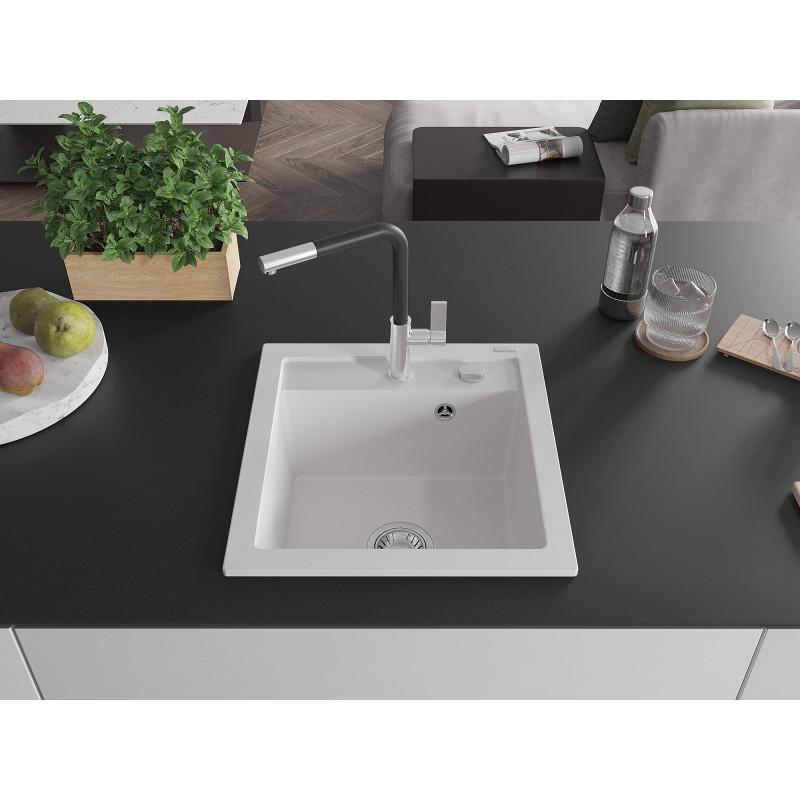 Mexen Vito granite kitchen sink 1-bowl with Flora kitchen faucet, white - 6503-20-670401-07