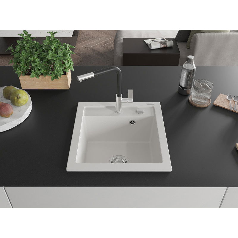 Mexen Vito granite sink 1-bowl with Flora kitchen tap, white - 6503-20-670401-07