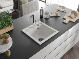 Mexen Vito 1-compartment granite sink with a kitchen mixer tap Flora, White - 6503-20-670401-07-B
