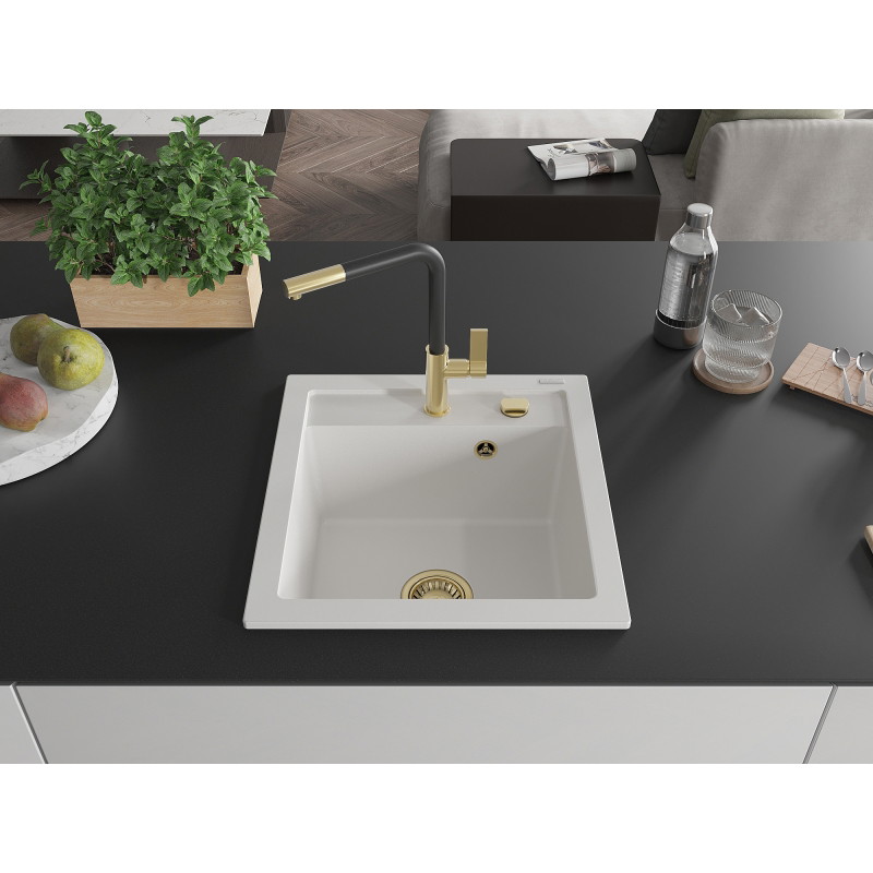 Mexen Vito 1-bowl granite sink with Flora kitchen faucet, white - 6503-20-670401-57-G