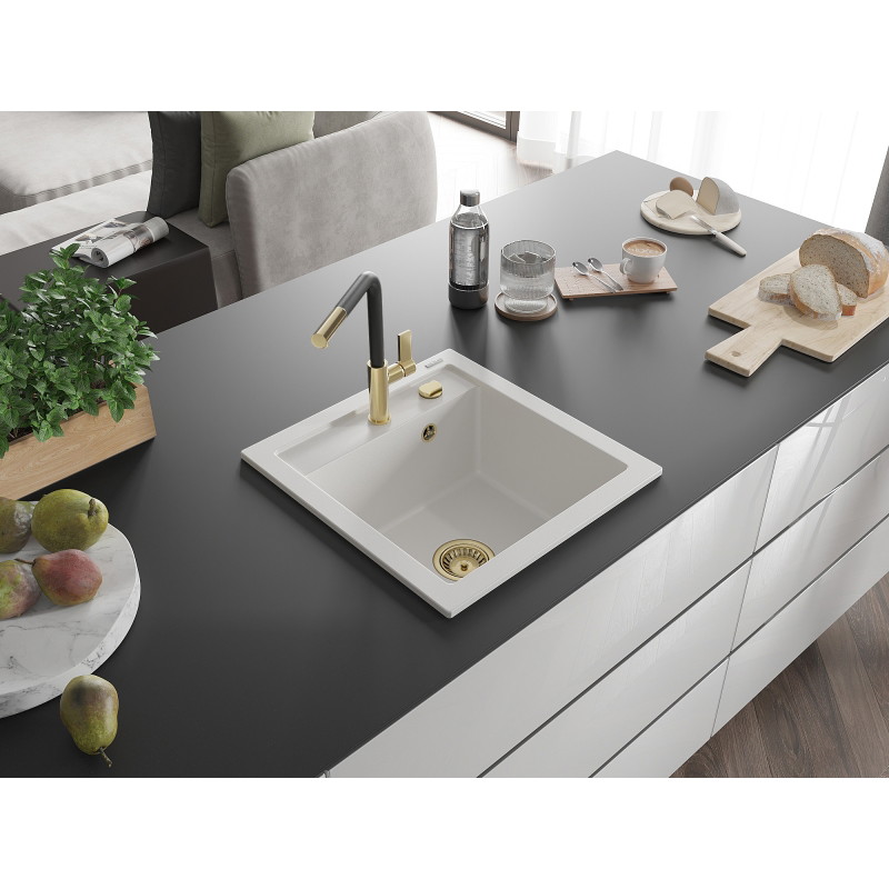 Mexen Vito 1-bowl granite sink with Flora kitchen faucet, white - 6503-20-670401-57-G