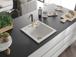 Mexen Vito 1-compartment granite sink with a kitchen mixer tap Flora, White - 6503-20-670401-57-G