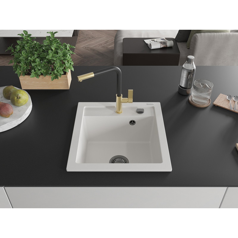 Mexen Vito 1-bowl granite sink with Flora kitchen faucet, white - 6503-20-670401-57-B