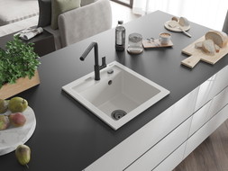 Mexen Vito granite sink 1-bowl with Flora kitchen faucet, white - 6503-20-670401-70-B