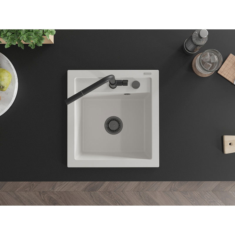 Mexen Vito granite sink 1-bowl with Flora kitchen tap, white - 6503-20-670401-70-B