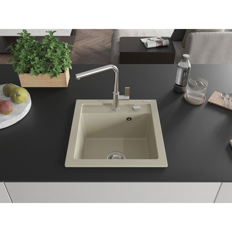 Mexen Vito 1-bowl granite sink with Flora kitchen tap, beige - 6503-69-670401-00