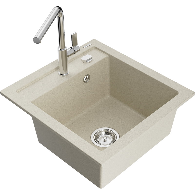 Mexen Vito 1-bowl granite kitchen sink with Flora faucet, beige - 6503-69-670401-00