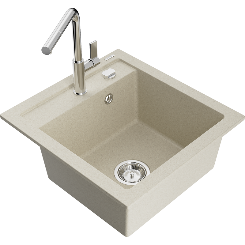 Mexen Vito 1-bowl granite sink with Flora kitchen tap, beige - 6503-69-670401-00