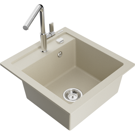 Mexen Vito 1-bowl granite sink with Flora kitchen tap, beige - 6503-69-670401-00