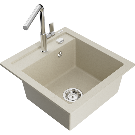 Mexen Vito granite kitchen sink 1-bowl with Flora kitchen faucet, beige - 6503-69-670401-00