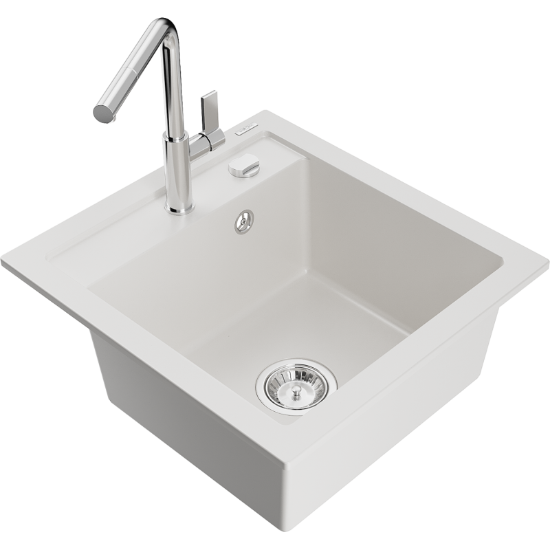 Mexen Vito 1-compartment granite sink with a kitchen mixer tap Flora, White - 6503-20-670401-00