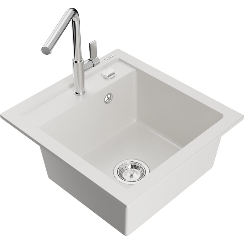 Mexen Vito granite 1-bowl sink with Flora kitchen faucet, white - 6503-20-670401-00