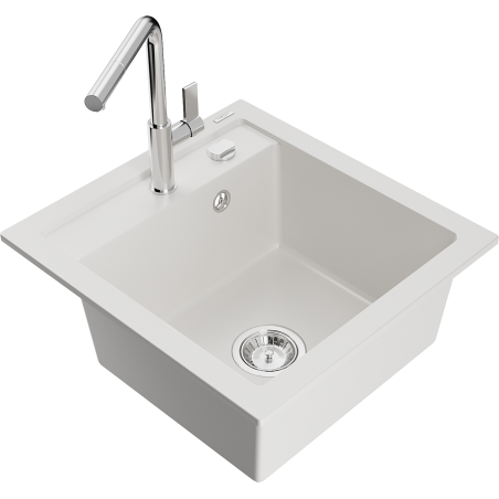 Mexen Vito 1-compartment granite sink with a kitchen mixer tap Flora, White - 6503-20-670401-00