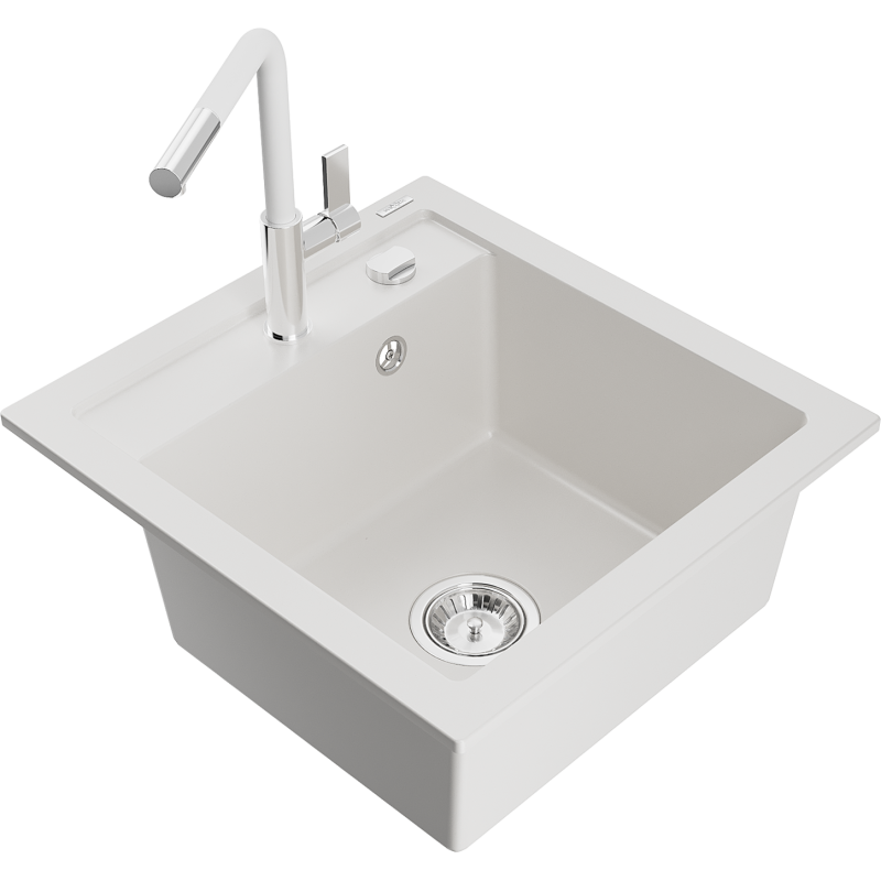 Mexen Vito 1-compartment granite sink with a kitchen mixer tap Flora, White - 6503-20-670401-02