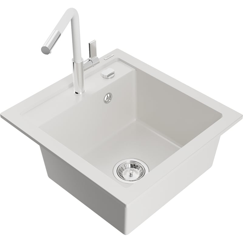 Mexen Vito granite kitchen sink 1-bowl with Flora kitchen faucet, white - 6503-20-670401-02