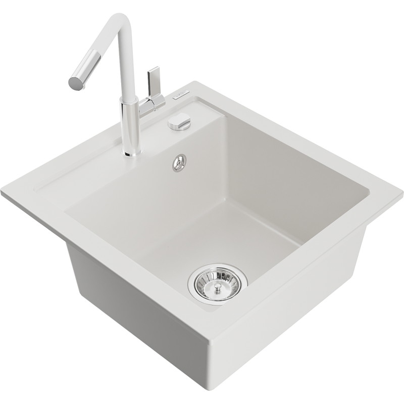 Mexen Vito single-bowl granite sink with Flora kitchen faucet, white - 6503-20-670401-02