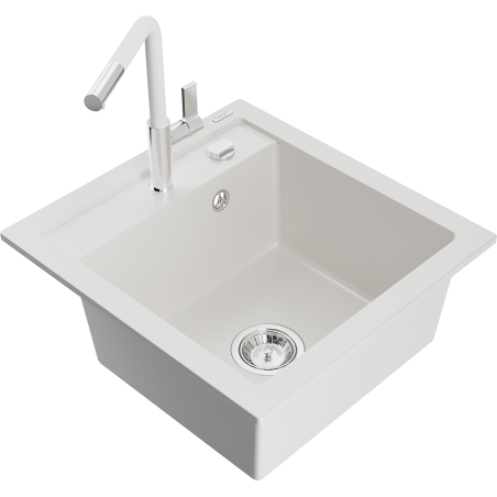 Mexen Vito single-bowl granite sink with Flora kitchen faucet, white - 6503-20-670401-02